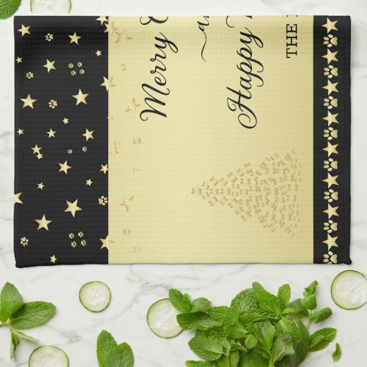金ゴールドの光沢のあるクリスマススター、金ゴールドと黒の前足 キッチンタオル (折り畳み)