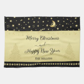 金ゴールドの光沢のあるクリスマススター、金ゴールドと黒の前足 キッチンタオル (横)
