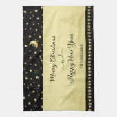 金ゴールドの光沢のあるクリスマススター、金ゴールドと黒の前足 キッチンタオル (縦)