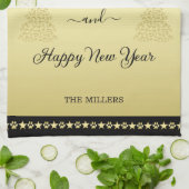 金ゴールドの光沢のあるクリスマススター、金ゴールドと黒の前足 キッチンタオル (折り畳み)