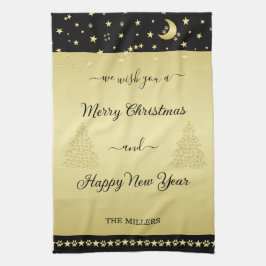 金ゴールドの光沢のあるクリスマススター、金ゴールドと黒の前足 キッチンタオル
