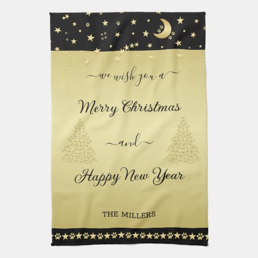 金ゴールドの光沢のあるクリスマススター、金ゴールドと黒の前足 キッチンタオル (縦)