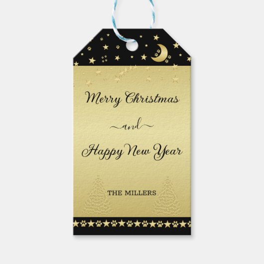 金ゴールドの光沢のあるクリスマススター、金ゴールドと黒の前足 ギフトタグ (正面)