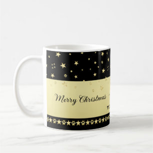 金ゴールドの光沢のあるクリスマススター、金ゴールドと黒の前足 コーヒーマグカップ