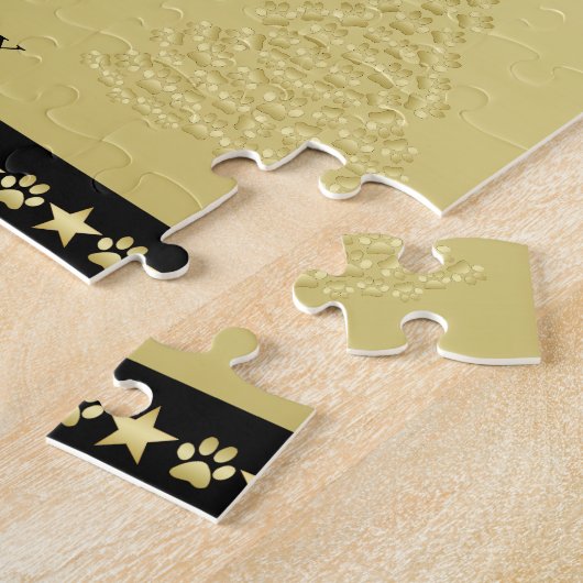 金ゴールドの光沢のあるクリスマススター、金ゴールドと黒の前足 ジグソーパズル (側面)