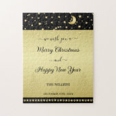 金ゴールドの光沢のあるクリスマススター、金ゴールドと黒の前足 ジグソーパズル (縦)