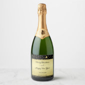 金ゴールドの光沢のあるクリスマススター、金ゴールドと黒の前足 スパークリングワインラベル (正面)