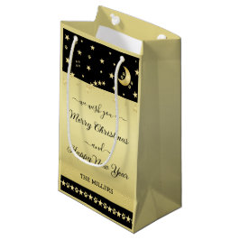 金ゴールドの光沢のあるクリスマススター、金ゴールドと黒の前足 スモールペーパーバッグ