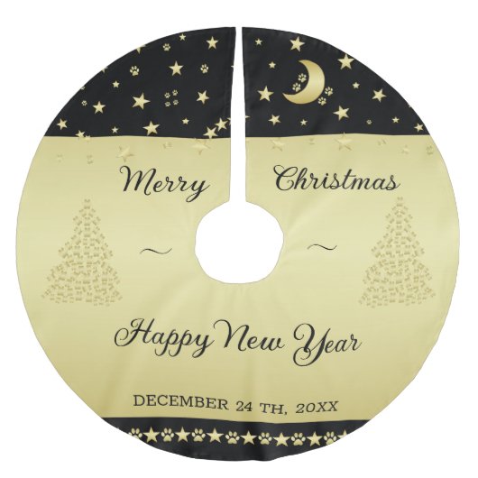 金ゴールドの光沢のあるクリスマススター、金ゴールドと黒の前足 ブラッシュドポリエステルツリースカート (正面)