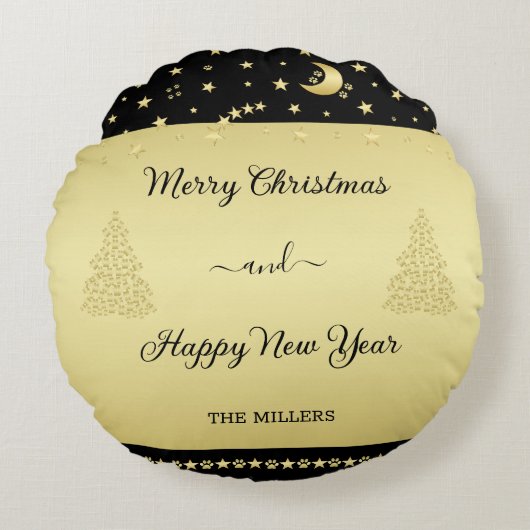 金ゴールドの光沢のあるクリスマススター、金ゴールドと黒の前足 ラウンドクッション (正面)