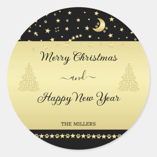 金ゴールドの光沢のあるクリスマススター、金ゴールドと黒の前足 ラウンドシール (正面)