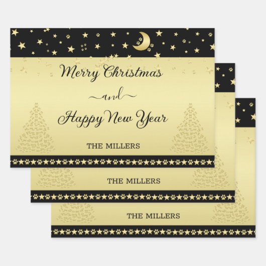 金ゴールドの光沢のあるクリスマススター、金ゴールドと黒の前足 ラッピングペーパーシート (セット)