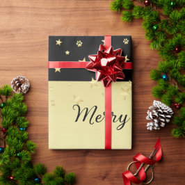 金ゴールドの光沢のあるクリスマススター、金ゴールドと黒の前足 ラッピングペーパー