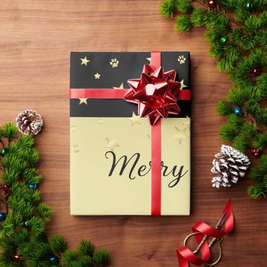 金ゴールドの光沢のあるクリスマススター、金ゴールドと黒の前足 ラッピングペーパー (クリスマスギフト)