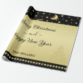 金ゴールドの光沢のあるクリスマススター、金ゴールドと黒の前足 ラッピングペーパー (アンロールド)