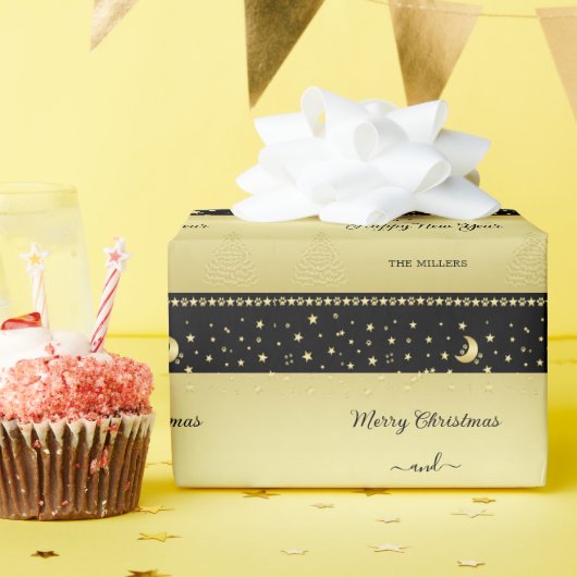 金ゴールドの光沢のあるクリスマススター、金ゴールドと黒の前足 ラッピングペーパー (誕生日パーティー)