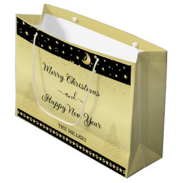 金ゴールドの光沢のあるクリスマススター、金ゴールドと黒の前足 ラージペーパーバッグ