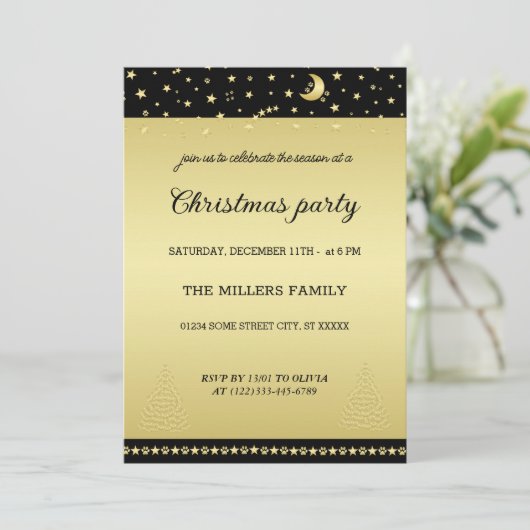 金ゴールドの光沢のあるクリスマススター、金ゴールドと黒の前足 招待状 (スタンド正面)
