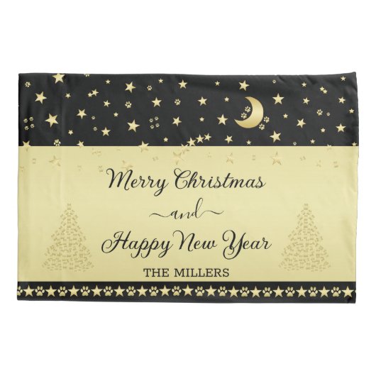 金ゴールドの光沢のあるクリスマススター、金ゴールドと黒の前足 枕カバー (裏面)