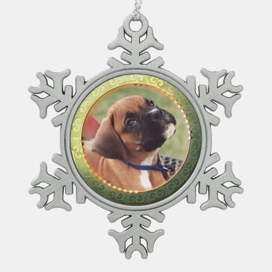 金ゴールドの円の写真の雪片のオーナメント スノーフレークピューターオーナメント (正面)