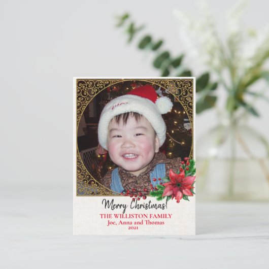 金ゴールドの写真クリスマスポインセチア シーズンカード (スタンド正面)