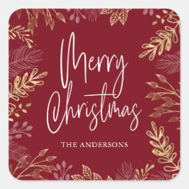 金ゴールドの冬の緑が濃い赤のクリスマス スクエアシール