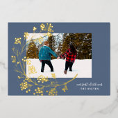 金ゴールドの冬の自然の青メリークリスマスの写真 箔シーズンカード (正面)