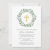 金ゴールドの十字との最小主義の群葉|の洗礼 招待状 (正面)