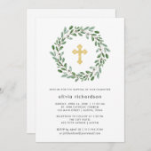 金ゴールドの十字との最小主義の群葉|の洗礼 招待状 (正面/裏面)