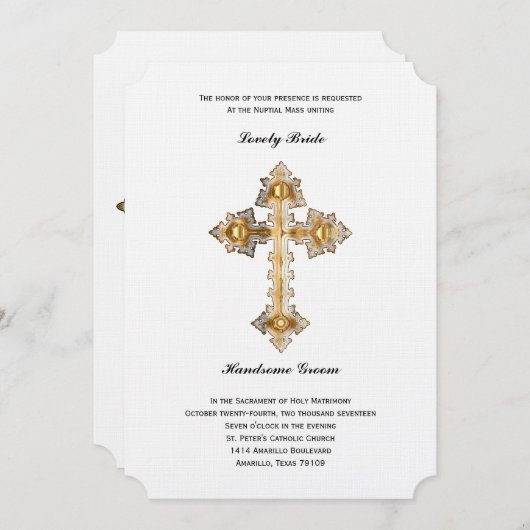 金ゴールドの十字のカトリック教の結婚式招待状 招待状 (正面/裏面)