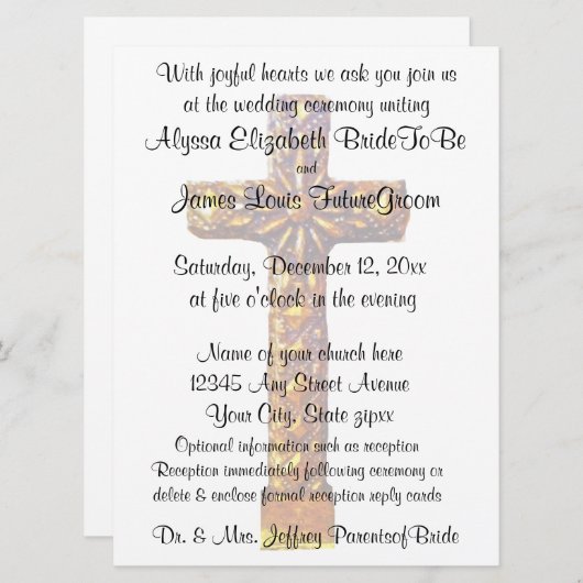 金ゴールドの十字の宗教結婚式 招待状 (正面/裏面)