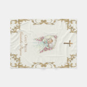 金ゴールドの十字架像の十字のピンクのバラの女の赤ちゃん フリースブランケット (正面(横))