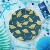 金ゴールドの卒業キャップが空中に青いおもしろいパーティー ペーパープレート (パーティー)