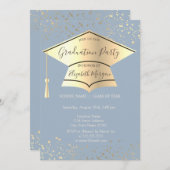 金ゴールドの卒業キャップ、星ほこりっぽい青の卒業 招待状 (正面/裏面)