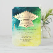 金ゴールドの卒業キャップ、水色グリーンの卒業 招待状 (スタンド正面)