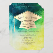 金ゴールドの卒業キャップ、水色グリーンの卒業 招待状 (正面/裏面)