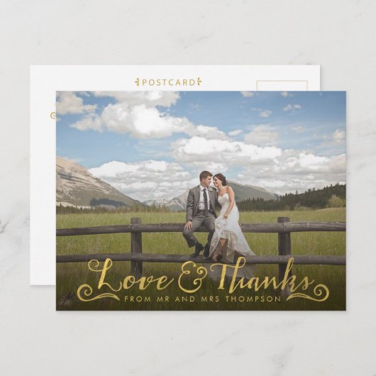 金ゴールドの原稿のタイポグラフィは写真の郵便はがき感謝していしています ポストカード (正面/裏面)