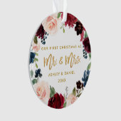 金ゴールドの原稿の水彩画の花柄の初めてのクリスマス オーナメント (正面)