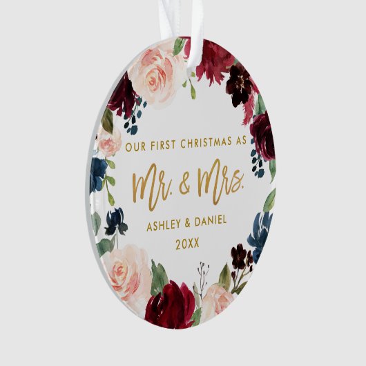 金ゴールドの原稿の水彩画の花柄の初めてのクリスマス オーナメント (正面)