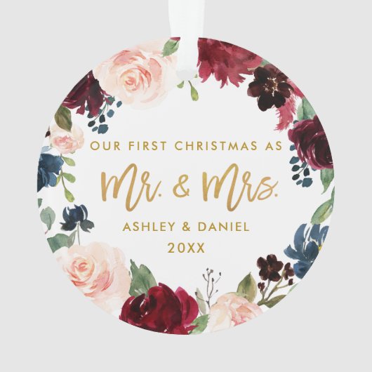 金ゴールドの原稿の水彩画の花柄の初めてのクリスマス オーナメント (裏面)