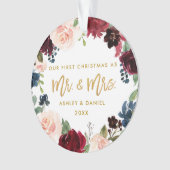 金ゴールドの原稿の水彩画の花柄の初めてのクリスマス オーナメント (正面)