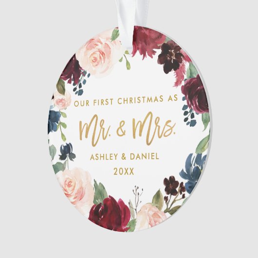 金ゴールドの原稿の水彩画の花柄の初めてのクリスマス オーナメント (正面)