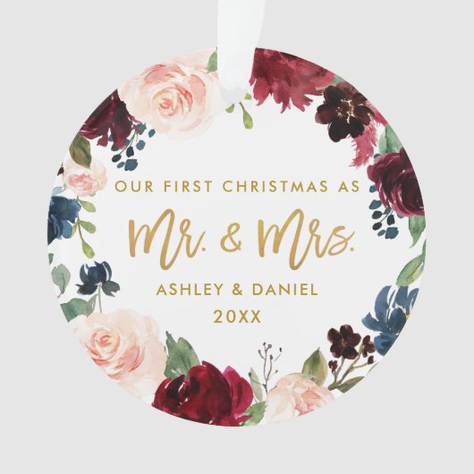 金ゴールドの原稿の水彩画の花柄の初めてのクリスマス オーナメント (正面)