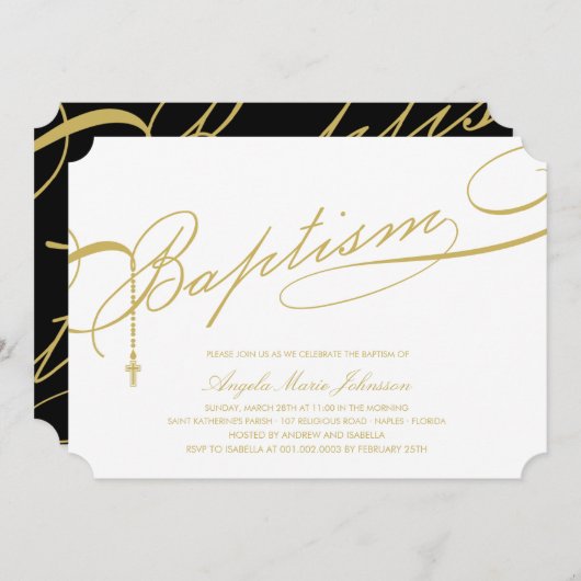 金ゴールドの台本付きバプテスマ·ロザリオ·クロス·宗教的 招待状 (正面/裏面)