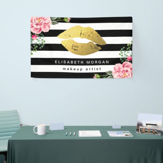 金ゴールドの唇の美容院の花の白黒のストライプ 横断幕 (トレードショー)