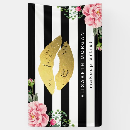 金ゴールドの唇の美容院の花の白黒のストライプ 横断幕 (縦)