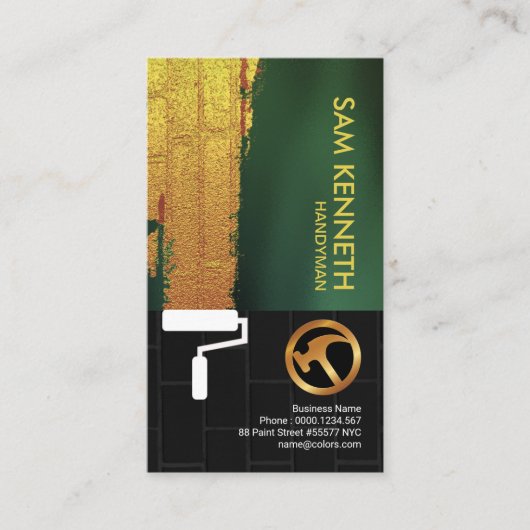 金ゴールドの壁のペンキのシンプルで黒いレンガ壁の便利屋 名刺 (正面)