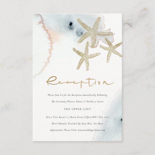 金ゴールドの夕暮れブルービーチイヒトデ結婚披露宴 エンクロージャーカード (正面)