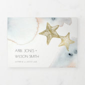 金ゴールドの夕暮れ青い海老ヒトデの水色結婚の 三つ折り招待状 (カバー)