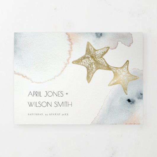 金ゴールドの夕暮れ青い海老ヒトデの水色結婚の 三つ折り招待状 (カバー)